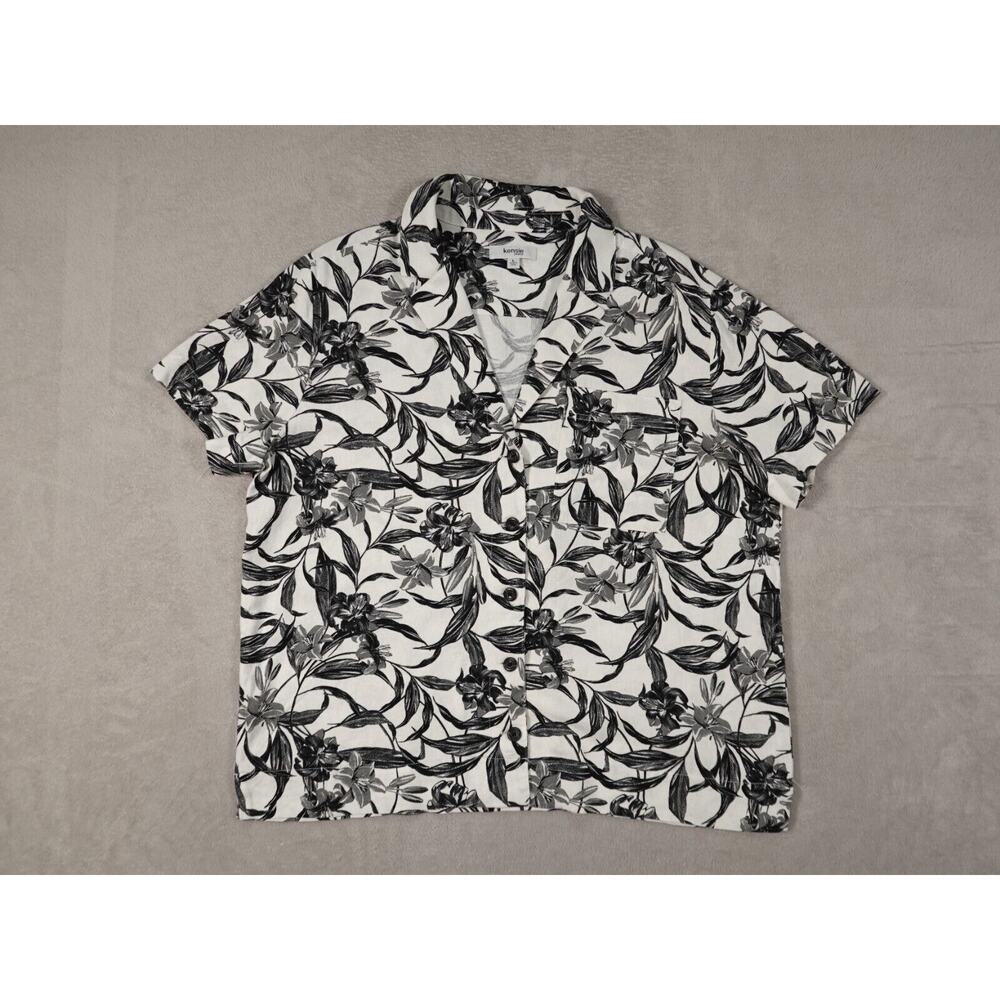 Kensie Jeans Womens Black White Shirt Floral Pocket Short Sleeve Button Size L